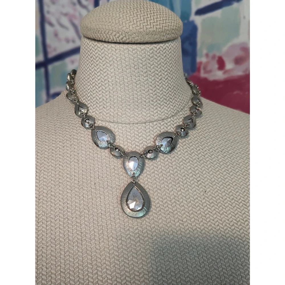Sparkling Clear Multi Faceted Crystals Choker Bib Bridal Y Drop Necklace - Picture 3 of 8